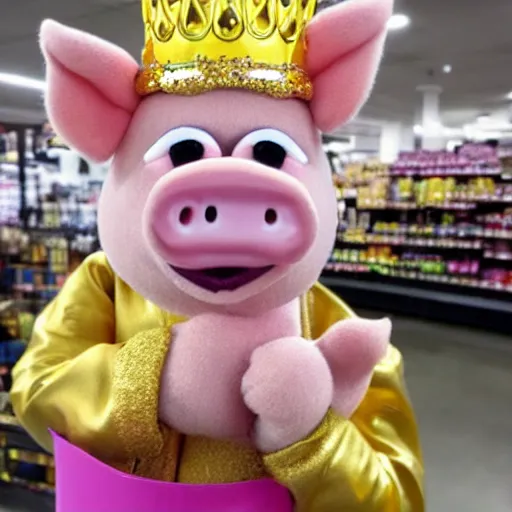 Image similar to cute pig wearing a gold crown as a Muppet 8k shopping at a grocery store