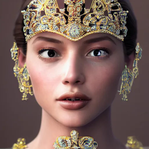 Image similar to portrait of pretty princess with perfect skin, glowing, ornate and intricate diamond jewelry, jaw dropping beauty, ornate and intricate backdrop, white accent lighting, hyper detailed, 4 k octane render