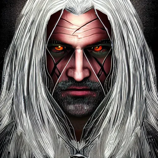 Prompt: portrait of witcher, highly detailed, centered, solid color background, digital painting