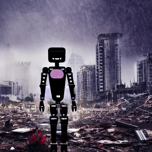 Prompt: a futuristic humanoid robot standing in the middle of a destroyed abandoned city in the rain with a flower in his right hand