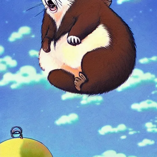 Image similar to a japanese tanuki flying in the sky with large balls, anime art style, ghiblie, miyazaki, beautiful, high detail