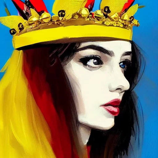 Prompt: an elegant yellow!! bird!!! wearing a crown!!! and a red! bow!! tie!!, painting in the style of sandra chevrier, very very beautiful, high quality, detailed, 4k, digital art, artstation, smooth