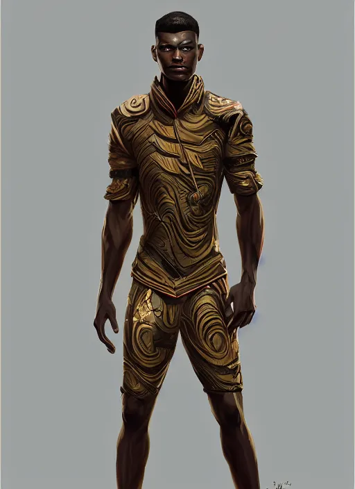 Image similar to a highly detailed illustration of attractive young african guy with flat top, wearing track and field suit, dramatic standing pose, intricate, elegant, highly detailed, centered, digital painting, artstation, concept art, smooth, sharp focus, league of legends concept art, wlop