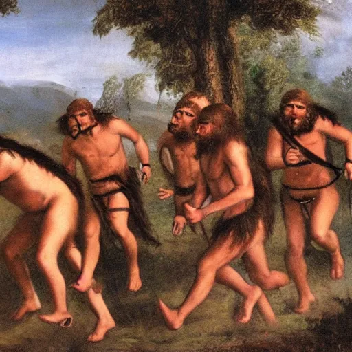 Prompt: a group of neanderthals with very little clothing running towards a roman legion.