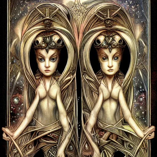 Image similar to detailed and sharp gemini artwork, mystic style, detailed, 8 k, detailed, symmetrical, by brian froud