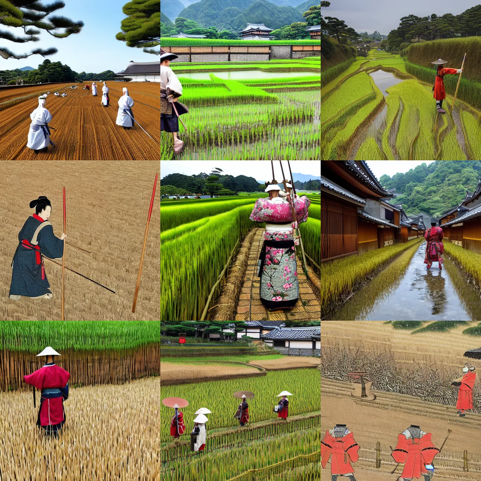 Prompt: 7 ronins in medieval Japan walk through rice fields hyperealistic