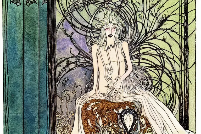 Prompt: witch's leather bound grimoire tome with metal latches art by kay nielsen and walter crane, illustration style, watercolor