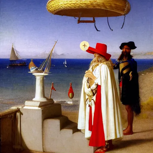 Prompt: A snake with jester hat and clothes on a greek circle archi on the front of a Balustrade with a beach and a sail boat on the background, major arcana cards, by paul delaroche and arnold böcklin hyperrealistic 8k, very detailed