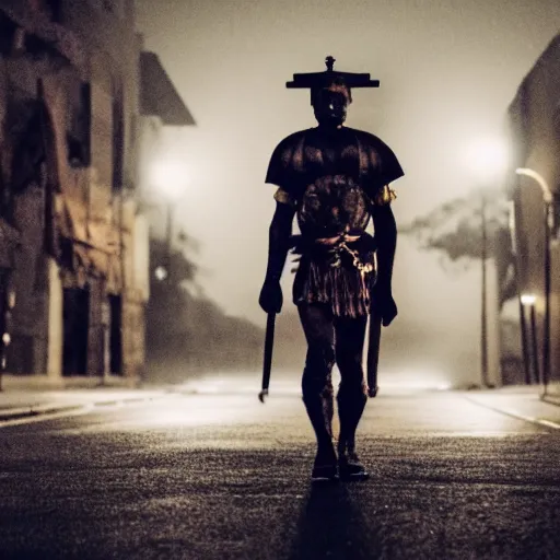 Prompt: empty street, inca warrior, portrait, at night, during storm, by addy campbell, cinematography by quetzalcoatl