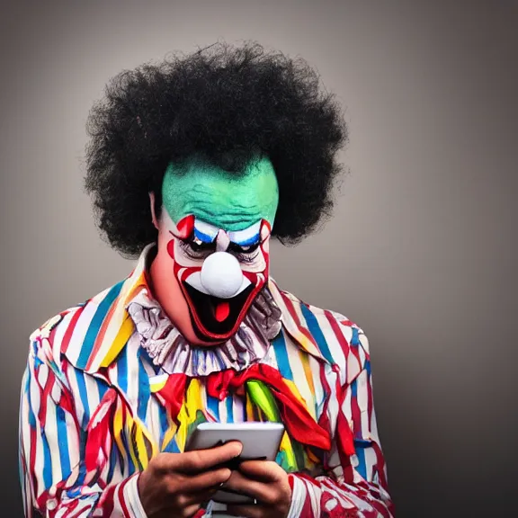 Image similar to clown crying while browsing twitter on his phone, photo taken from behind the clown