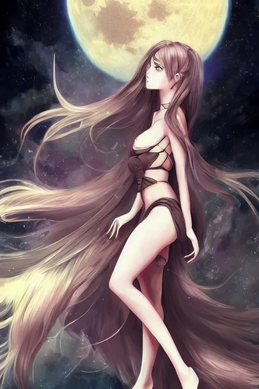 Image similar to Adult anime style girl on the moon waving, fantasy, intricate, elegant, highly detailed, digital painting, 4k, HDR, concept art, smooth, sharp focus, illustration, art by artgerm and H R Giger and alphonse much