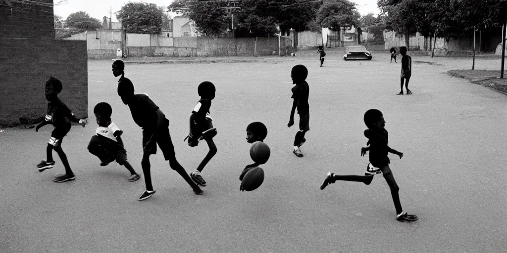 Prompt: street, black kids playing football, 1 9 8 0 s film photography, exposed b & w photography, christopher morris photography, bruce davidson photography, peter marlow photography
