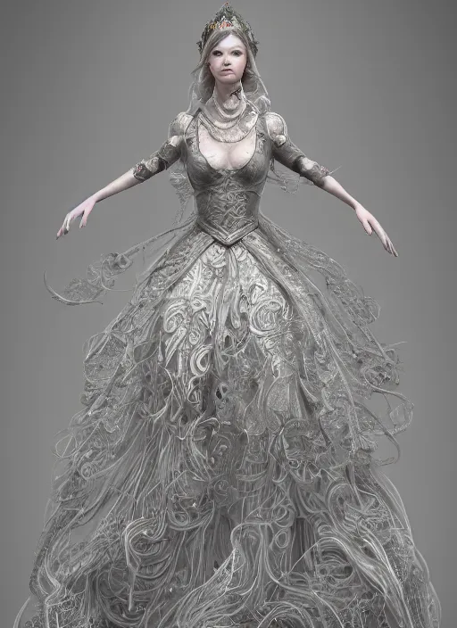 Prompt: detailed full body concept art illustration of a princess in intricately designed clothing, ultra detailed, digital art, octane render, dystopian, micro detail, 4k