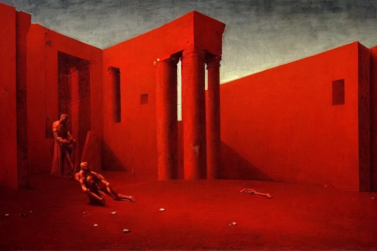 Image similar to only with red, caesar after war, the deal, a red tiger, in hoc signo vinces, rome in background, an ancient path, in the style of beksinski, part by hopper, part by rodcenko, part by hofbauer, intricate composition, red by caravaggio, insanely quality, highly detailed, masterpiece, red light, artstation