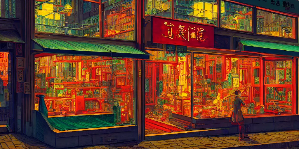 Image similar to s shop window in hong kong, by dan mumford and peter doig and edward hopper, highly detailed, dramatic lighting, 8 k