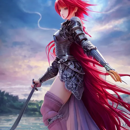 Image similar to a long - red - haired female knight as an absurdly beautiful, elegant, young sensual anime girl, river in background, ultrafine hyperrealistic detailed face illustration by kim jung gi, irakli nadar, intricate linework, sharp focus, bright colors, matte, final fantasy, unreal engine highly rendered, global illumination, radiant light, intricate environment