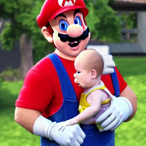 Image similar to super mario smiling while holding a screaming crying kid in his arms