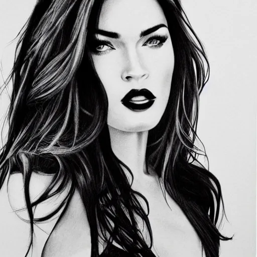 Prompt: megan fox portrait, hyper - realistic black and white drawing, amazing detail, in the style of den yakovelv