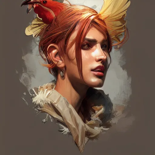 Image similar to portrait of rooster, attractive, casual, modern, highly detailed, digital painting, artstation, concept art, smooth, sharp focus, illustration, art by artgerm, greg rutkowski and alphonse mucha