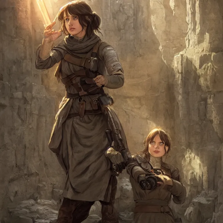 Image similar to portrait of jyn erso as a beautiful medieval maiden in a stone courtyard holding a rotary telephone, confident pose, coherent, insane detail, concept art, character concept, cinematic lighting, global illumination radiating a glowing aura