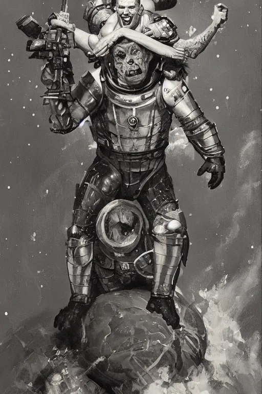 Image similar to 5 0 s pulp scifi fantasy illustration full body portrait martyn ford as huge troll wearing space armour and carrying a woman, by norman rockwell, roberto ferri, daniel gerhartz, edd cartier, jack kirby, howard v brown, ruan jia, tom lovell, frank r paul, jacob collins, dean cornwell, astounding stories, amazing, fantasy, other worlds