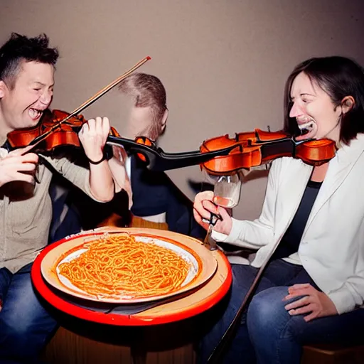 Image similar to laughing drunk people eating spaghetti and playing violins. highly detailed flash photography. fisheye lens