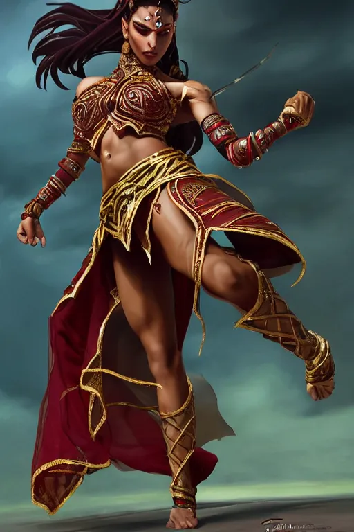 Prompt: Full body Picture of a Battle Dancer, arab inspired, wearing two metallic rings, dark brown skin, light red hair, waist reaching ponytail, crimson attire, exposed midriff, battle, detailed face features, dark green eyes, D&D, by artgerm and Craig Mullins, James Jean, Andrey Ryabovichev, Mark Simonetti and Peter Morbacher, matte painting, trending on artstation, artstationHD, artstationHQ, octane, full HD, 16K