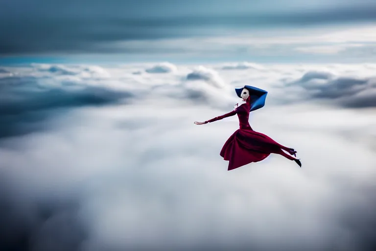 Image similar to photograph of a haute couture model flying through clouds, aerial view. photography by julia hetta, cinematic, elegant, real dlsr photography, sharp focus, 4 k, ultra hd, sense of awe