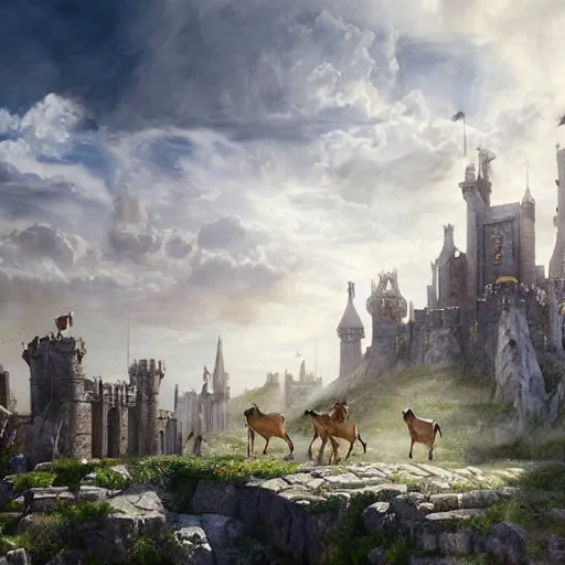 Prompt: a herd of goats! in a beautiful fantasy castle made from white stone and bright copper, medieval city, metropolis, magic, tall towers, gorgeous clouds, white marble, god rays, digital art, fantasy art, octane render, unreal engine, high detail, very realistic, by greg rutkowski. by james gurney