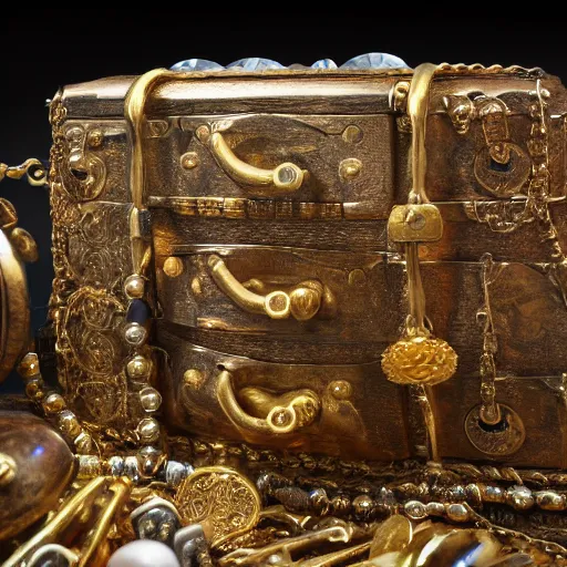 Image similar to A Dwemer chest filled with jewels and golden artefacts, 4k, hdri, museum quality photo