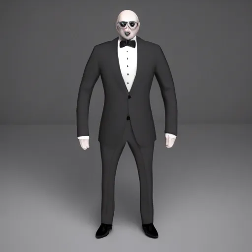 Prompt: 3 d render of a wolf as a gentleman wearing tuxedo on a studio shot, studio lighting, cinematic perspective, full hd