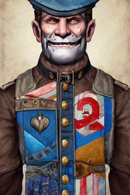 Prompt: nineteenth century style portrait of a middle aged half orc with a bemused smile on his face and intelligent blue eyes. dressed in a patchwork military uniform jacket with cut sleeves, runic arm tattoos, sharp focus, illustration, digital painting, art by magali villeneuve