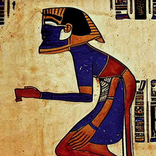 Image similar to an ancient egyptian painting of lain iwakura and a computer