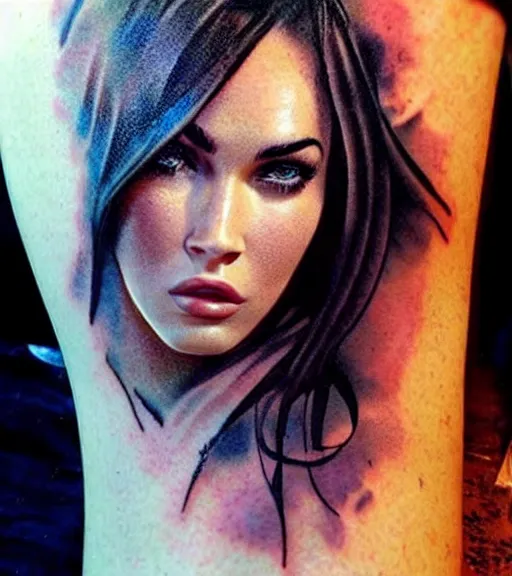 Image similar to megan fox face double exposure with beautiful mountains, tattoo sketch, hyper - realistic, in the style of matteo pasqualin, amazing detail, sharp, faded