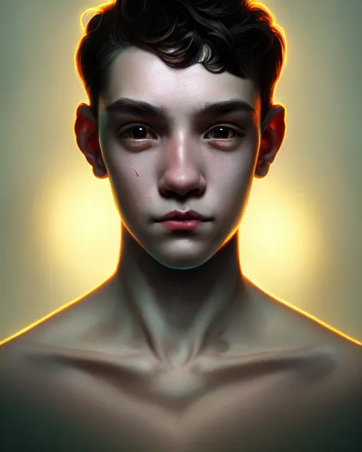 Image similar to portrait of a creepy cute boy, bioluminescent, highly detailed, digital painting, cinematic lighting, hyperrealism, dark retrowave, art by stanley lau and artgerm and magali villeneuve and alphonse mucha, artstation hd, octane render, cgsociety