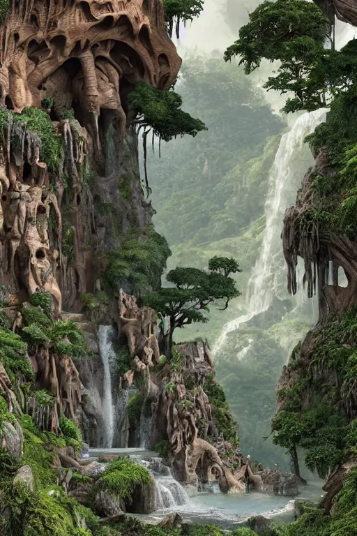 Image similar to carved into a Mountain a temple above a waterfall, giant intricate statues, arches adorned pillars, archways, gnarly trees, lush vegetation, forrest, a small stream runs beneath the waterfall, landscape, raphael lacoste, eddie mendoza, alex ross, concept art, matte painting, highly detailed, rule of thirds, dynamic lighting, cinematic, detailed, denoised, centerd