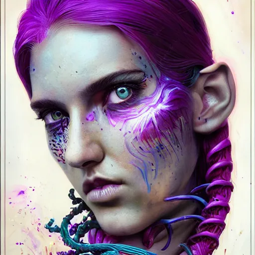 Image similar to detailed photo portrait of a furious teen girl with thin, hair-like purple tentacles on her head and bright purple eyes, 8k,by tristan eaton, Stanley Artgermm,Tom Bagshaw,Greg Rutkowski,Carne Griffiths,trending on DeviantArt, face enhance,hyper detailed ,full of colour, dramatic lightning