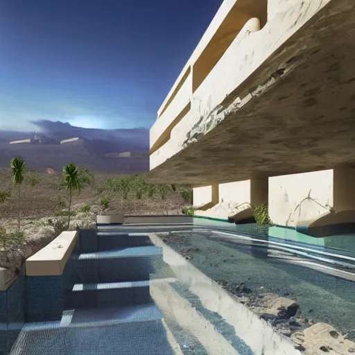 Image similar to brutalism conceptual hotel in the desert, biophilia mood, pool, garden, highly detailed, cinematic, photorealistic,