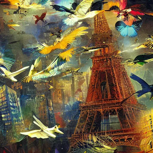 Prompt: iridescent colorful digital birds fly over a progressively rasterized city into virtuality, oil on canvas by dave mckean and ivan shishkin