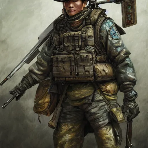 Image similar to dynamic composition, motion, ultra-detailed, incredibly detailed, a lot of details, amazing fine details and brush strokes, colorful and grayish palette, smooth, HD semirealistic anime CG concept art digital painting, watercolor oil painting of a Chinese SWAT soldier, by a Chinese artist at ArtStation, by Huang Guangjian, Fenghua Zhong, Ruan Jia, Xin Jin and Wei Chang. Realistic artwork of a Chinese videogame, gradients, gentle an harmonic grayish colors.