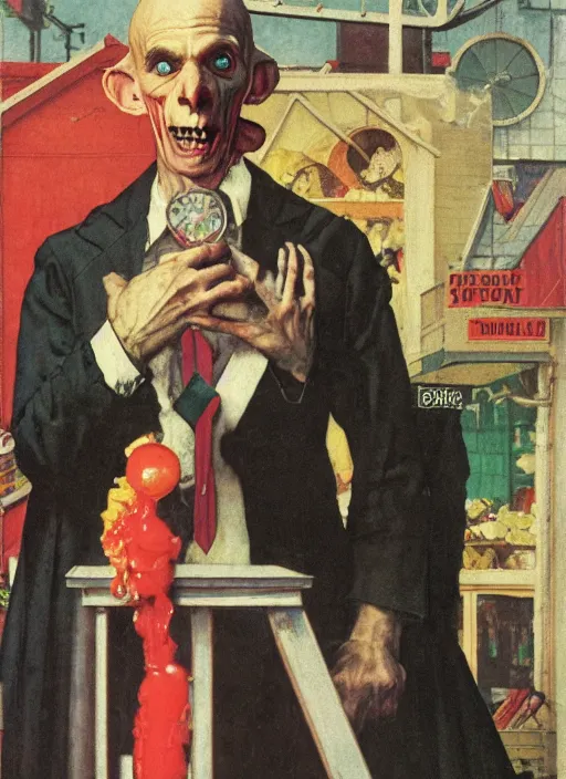 Prompt: upper body portrait of nosferatu in a suit, in the background a candy store, sunny day, by norman rockwell