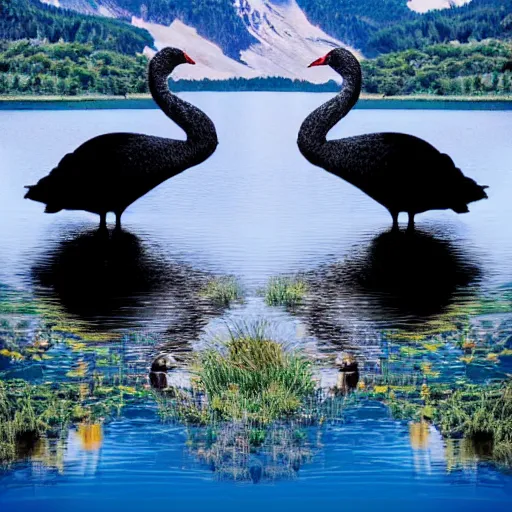 Image similar to photo of two black swans touching heads in a beautiful reflective mountain lake, a colorful hot air balloon is flying above reflecting off water, hot air balloon, intricate, 8k highly professionally detailed, centered, HDR, CGsociety