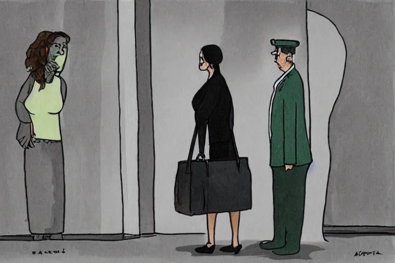 Image similar to tall, security guard checks the bags of a worried looking woman, art, satire