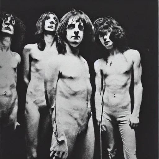 Prompt: four men standing next to each other in a dark room, an album cover by Syd Barrett, pinterest, mannerism, antichrist, top lighting, 1970s