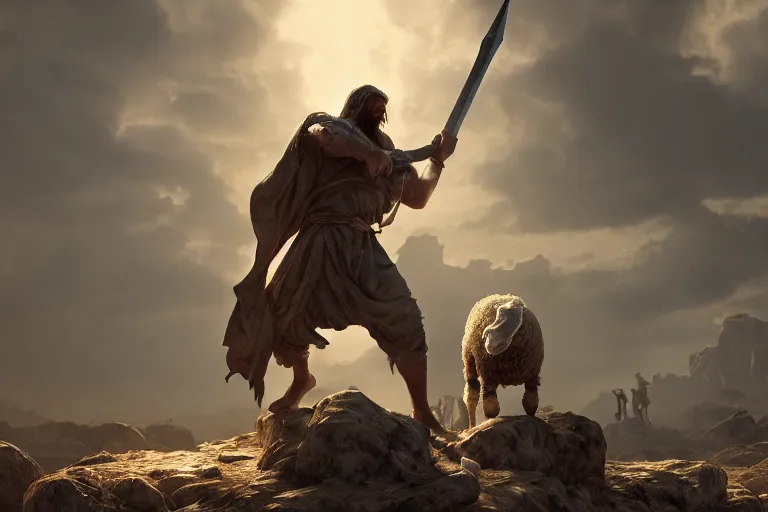 Prompt: biblical cain holding a lance and able holding a lamb, volumetric lighting, epic composition, hyper detailed, ultra realistic, sharp focus, octane render, volumetric, ray tracing, artstation trending, sense of awe, 4 k