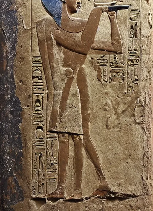 Prompt: a very very very worn out ancient egyptian relief of a man shooting a bolt action rifle, award winning photo