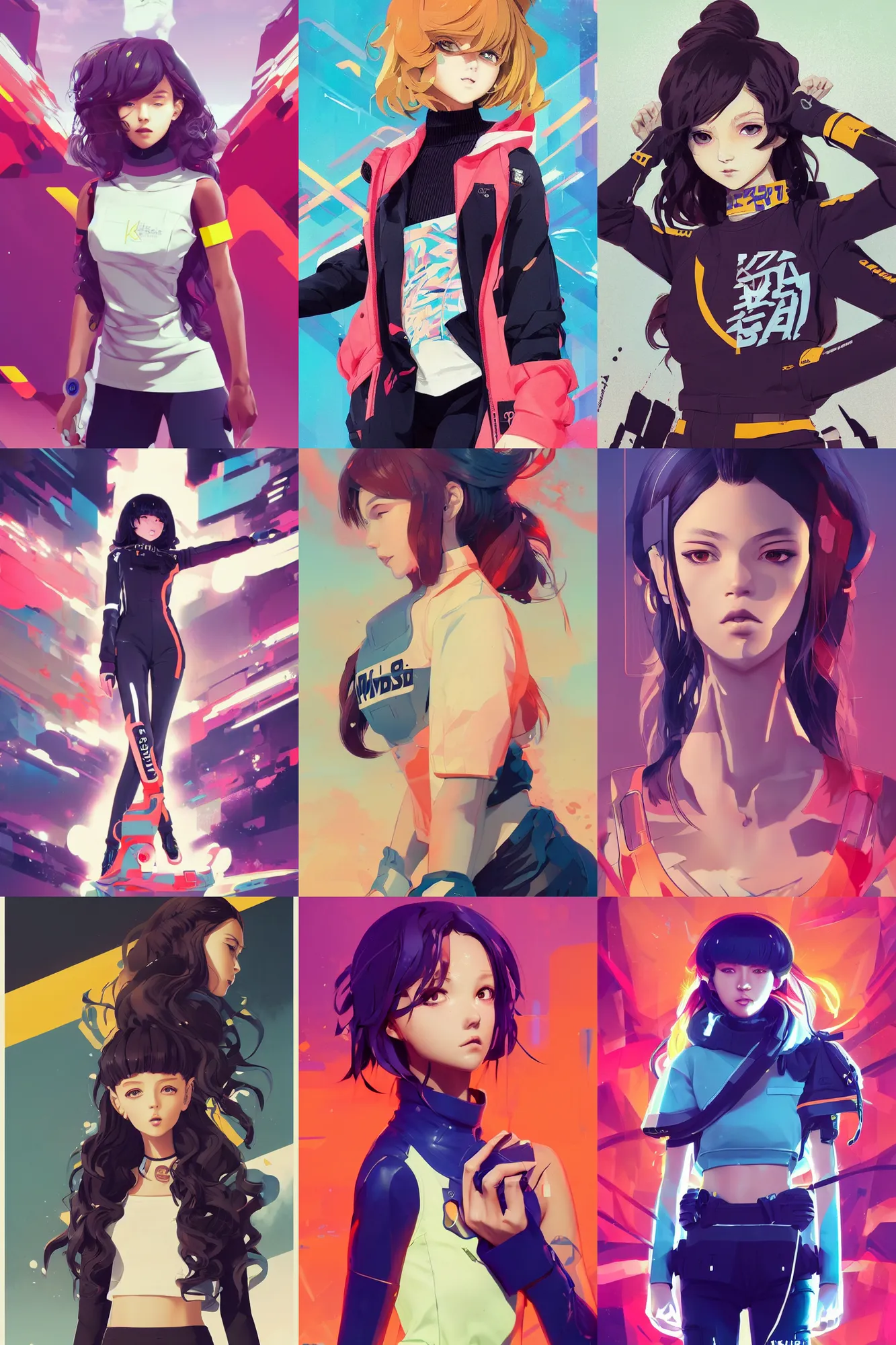 Prompt: uncropped full body portrait poster girl with futuristic streetwear and wavy hair holding her arms crossed, complementary colour palette, cute face, pretty face, anime by kuvshinov ilya, artgerm and greg rutkowski, 4 k, hdr, graphic design, adobe illustrator, behance, trending on artstation