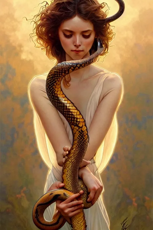 Image similar to angels that look like hippies dancing with snakes, fantasy, amber eyes, face, long hair, intricate, elegant, highly detailed, digital painting, artstation, concept art, smooth, sharp focus, illustration, art by artgerm and greg rutkowski and alphonse mucha