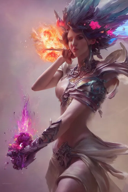 Image similar to beautiful girl necromancer, magical fairy exploding into flowers, angels, 3 d render, hyper - realistic detailed portrait, holding fire and electricity rainbow, ruan jia, wlop. scifi, fantasy, magic the gathering, hyper detailed, octane render, concept art, peter mohrbacher