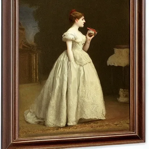 Image similar to young victorian lady shopping for ball gowns, painted by alfred stevens